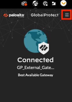 screenshot of the macOS GlobalProtect App's top right three line settings menu